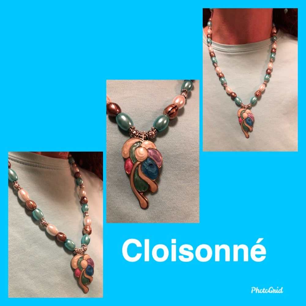 Cloisonné centerpiece and glass pearl necklace